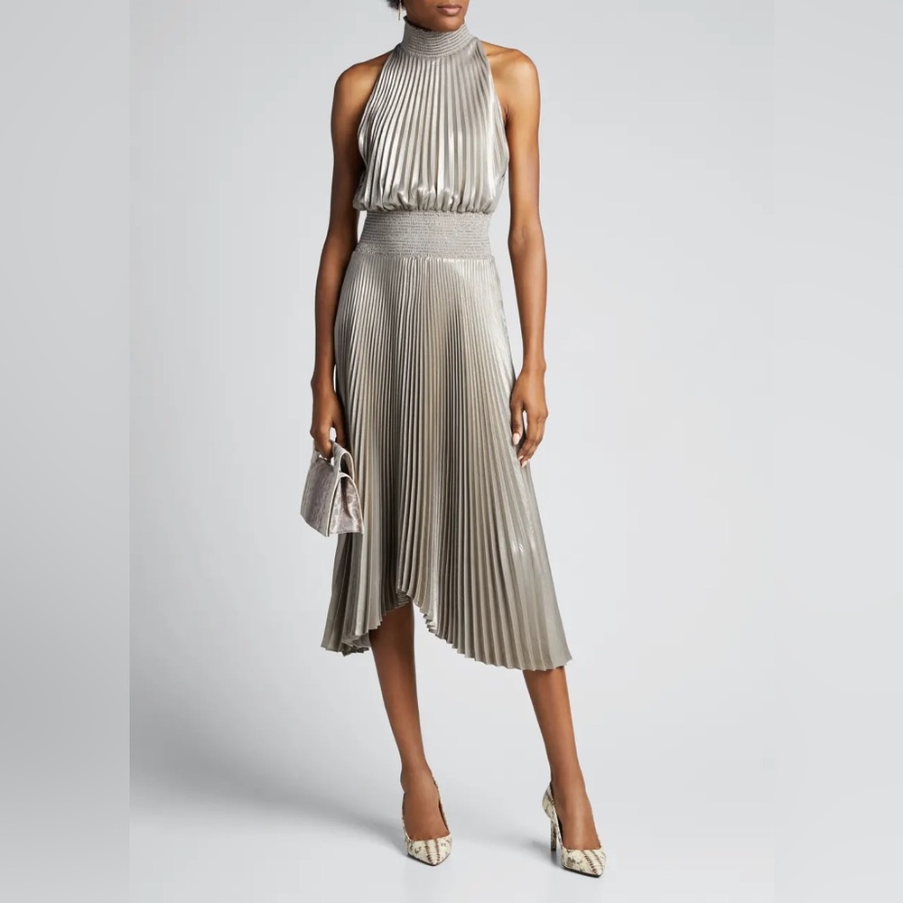 A.L.C. Metallic Silver Pleated Midi Dress